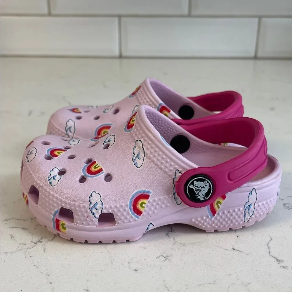 CROCS Kids Light Pink Clogs with Rainbow & Cloud Design Size 7